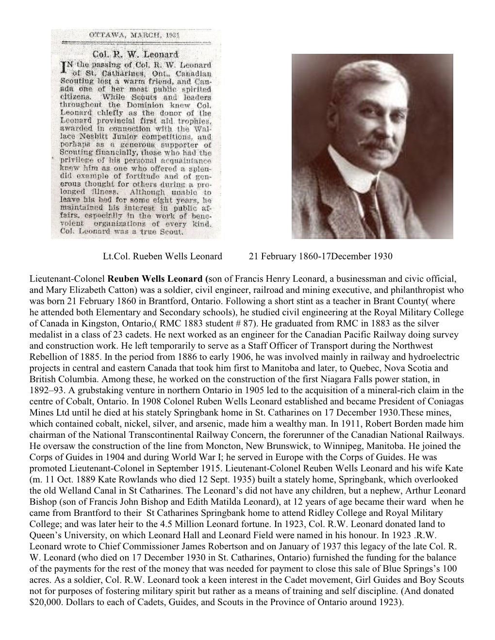 Lt.Col. Rueben Wells Leonard 21 February 1860-17December 1930