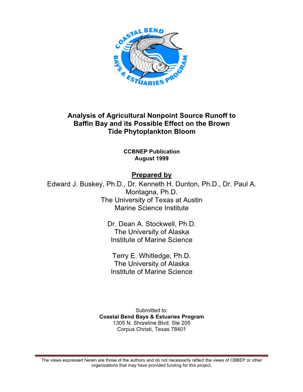 Analysis of Agricultural Nonpoint Source Runoff to Baffin Bay and Its Possible Effect on the Brown Tide Phytoplankton Bloom