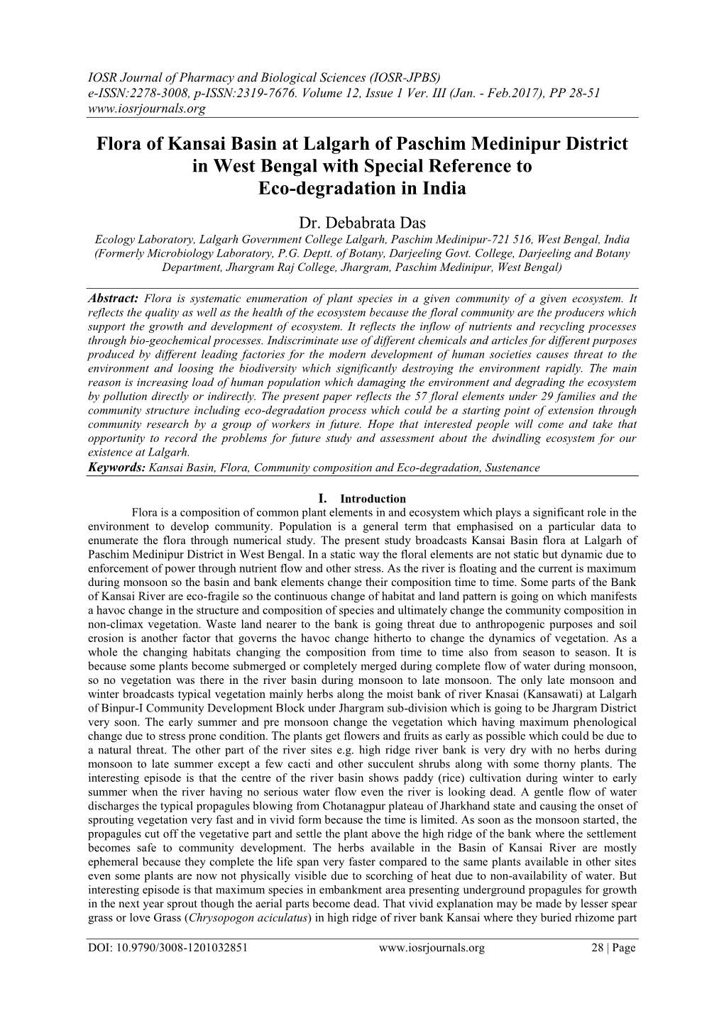 Flora of Kansai Basin at Lalgarh of Paschim Medinipur District in West Bengal with Special Reference to Eco-Degradation in India