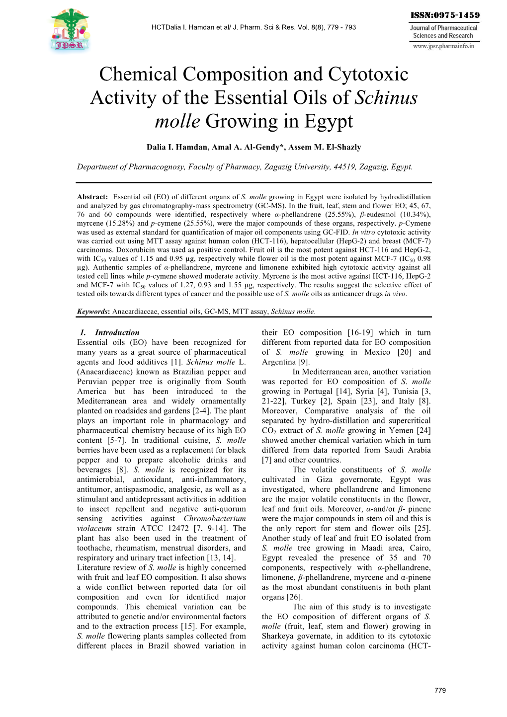 Chemical Composition and Cytotoxic Activity of the Essential Oils of Schinus Molle Growing in Egypt
