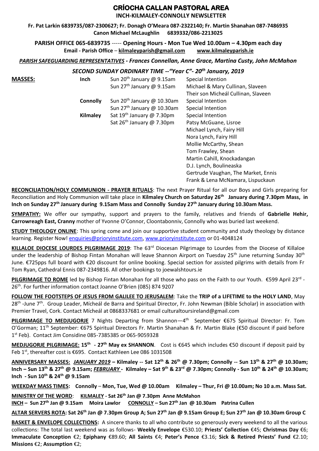 Críocha Callan Pastoral Area Inch-Kilmaley-Connolly Newsletter