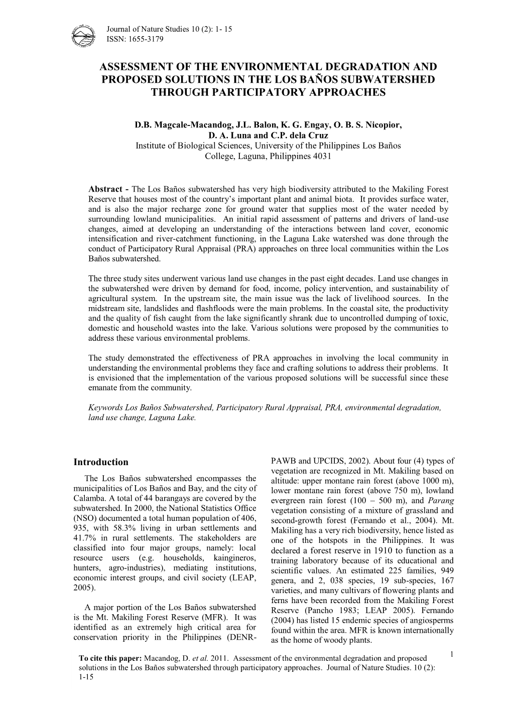 Assessment of the Environmental Degradation and Proposed Solutions in the Los Baños Subwatershed Through Participatory Approaches