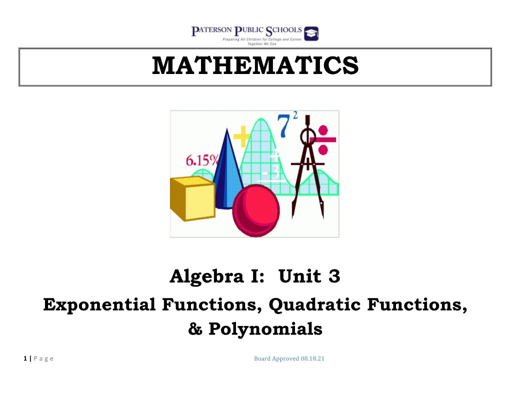 Algebra I: Unit 3 Exponential Functions, Quadratic Functions, & Polynomials