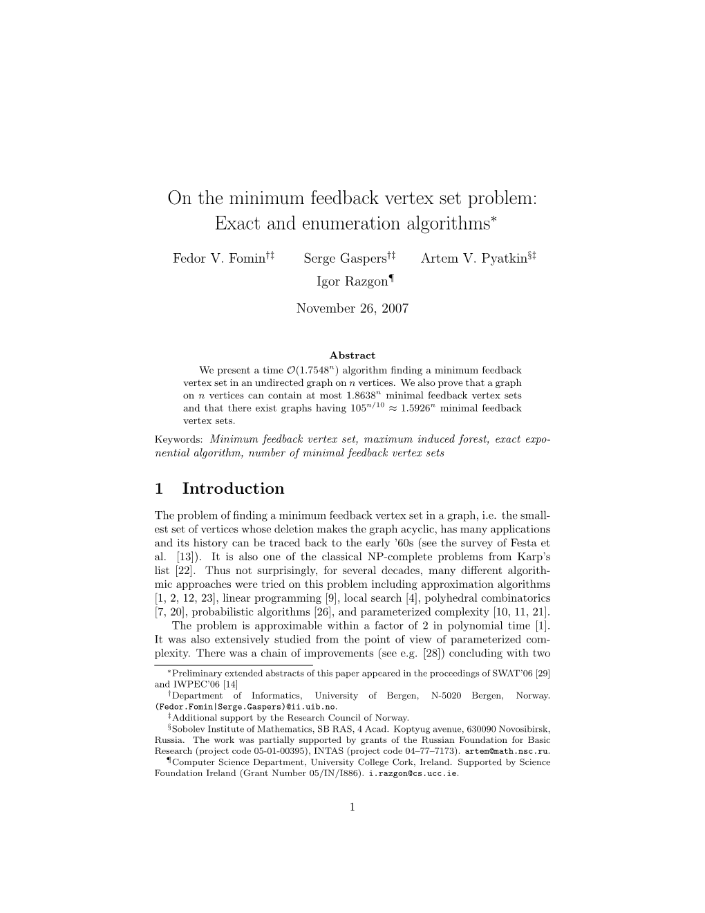 On the Minimum Feedback Vertex Set Problem: Exact and Enumeration Algorithms∗
