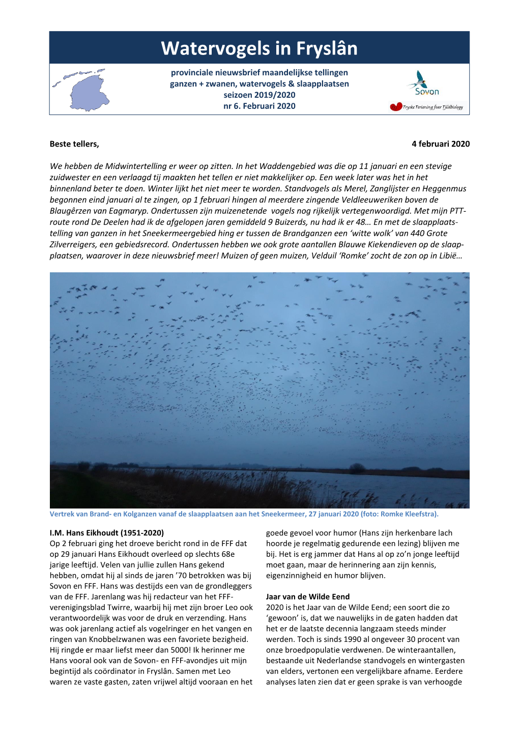 Watervogels in Fryslân Provinciale Nieuwsbrief Maandelijkse Tellingen Ganzen + Zwanen, Watervogels & Slaapplaatsen Seizoen 2019/2020 Nr 6