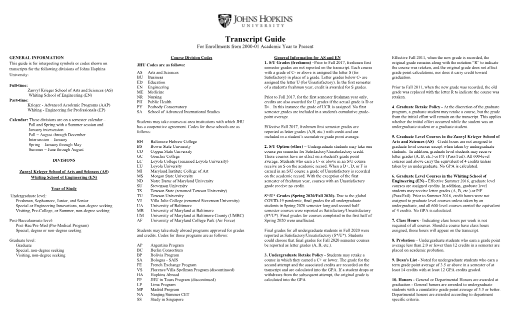 Transcript Guide for Enrollments from 2000-01 Academic Year to Present