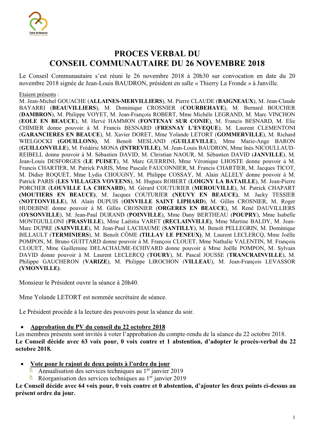 Pv Conseil Communautaire Du 26 Novembre 2018