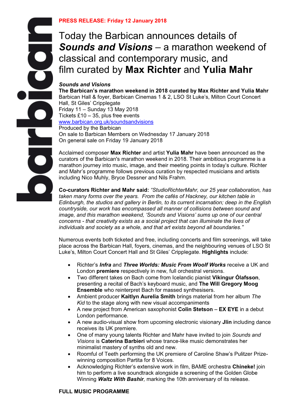 Today the Barbican Announces Details of Sounds and Visions – a Marathon Weekend of Classical and Contemporary Music, and Film Curated by Max Richter and Yulia Mahr