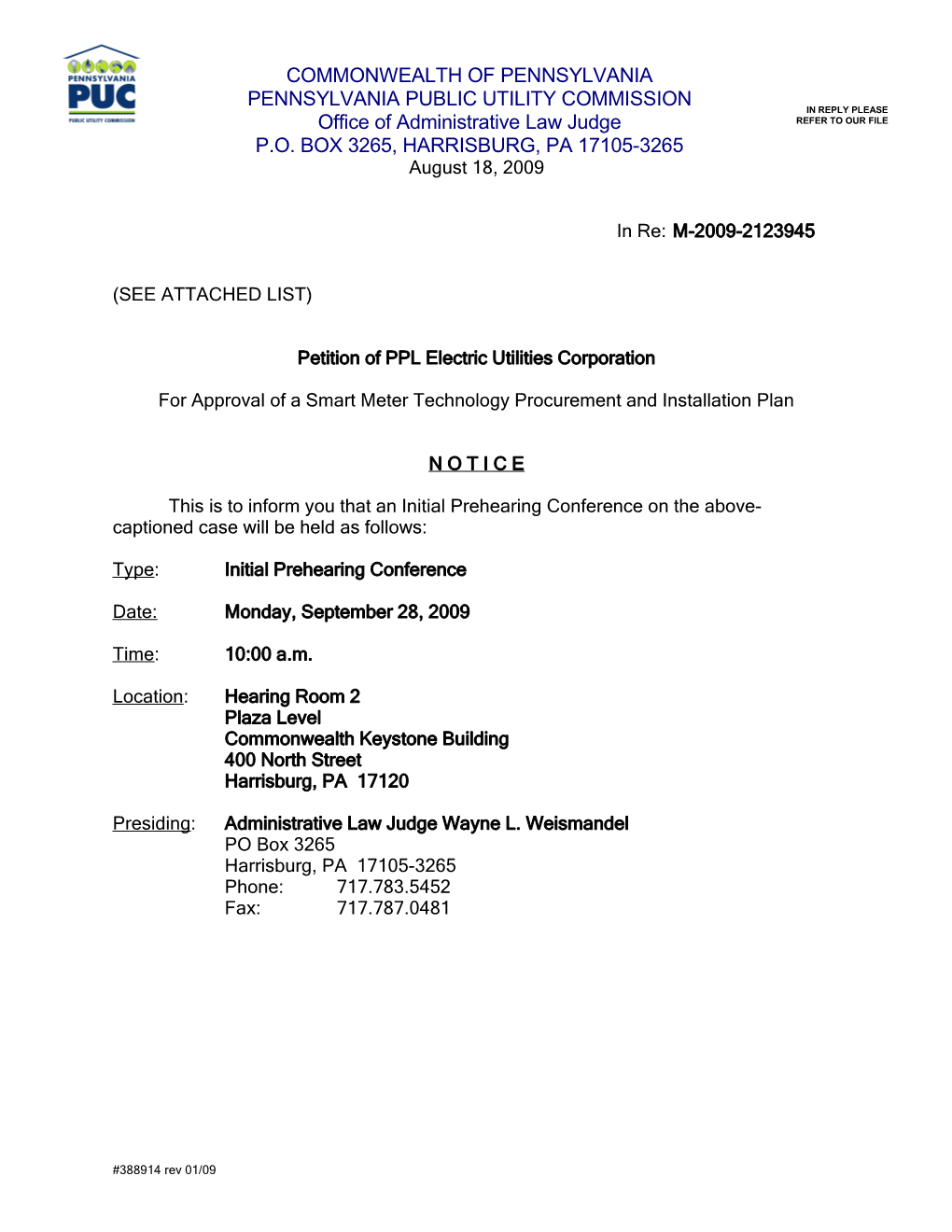 Harrisburg Prehearing Conference Notice