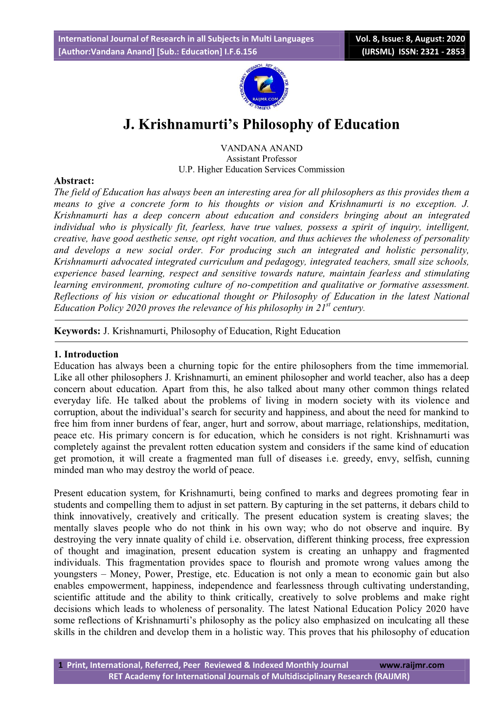 J. Krishnamurti's Philosophy of Education