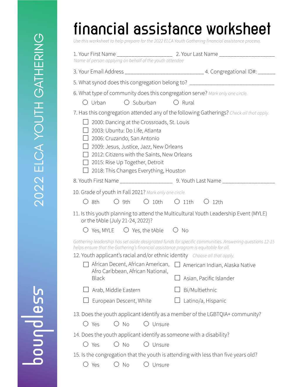 Financial Assistance Worksheet Use This Worksheet to Help Prepare for the 2022 ELCA Youth Gathering Financial Assistance Process