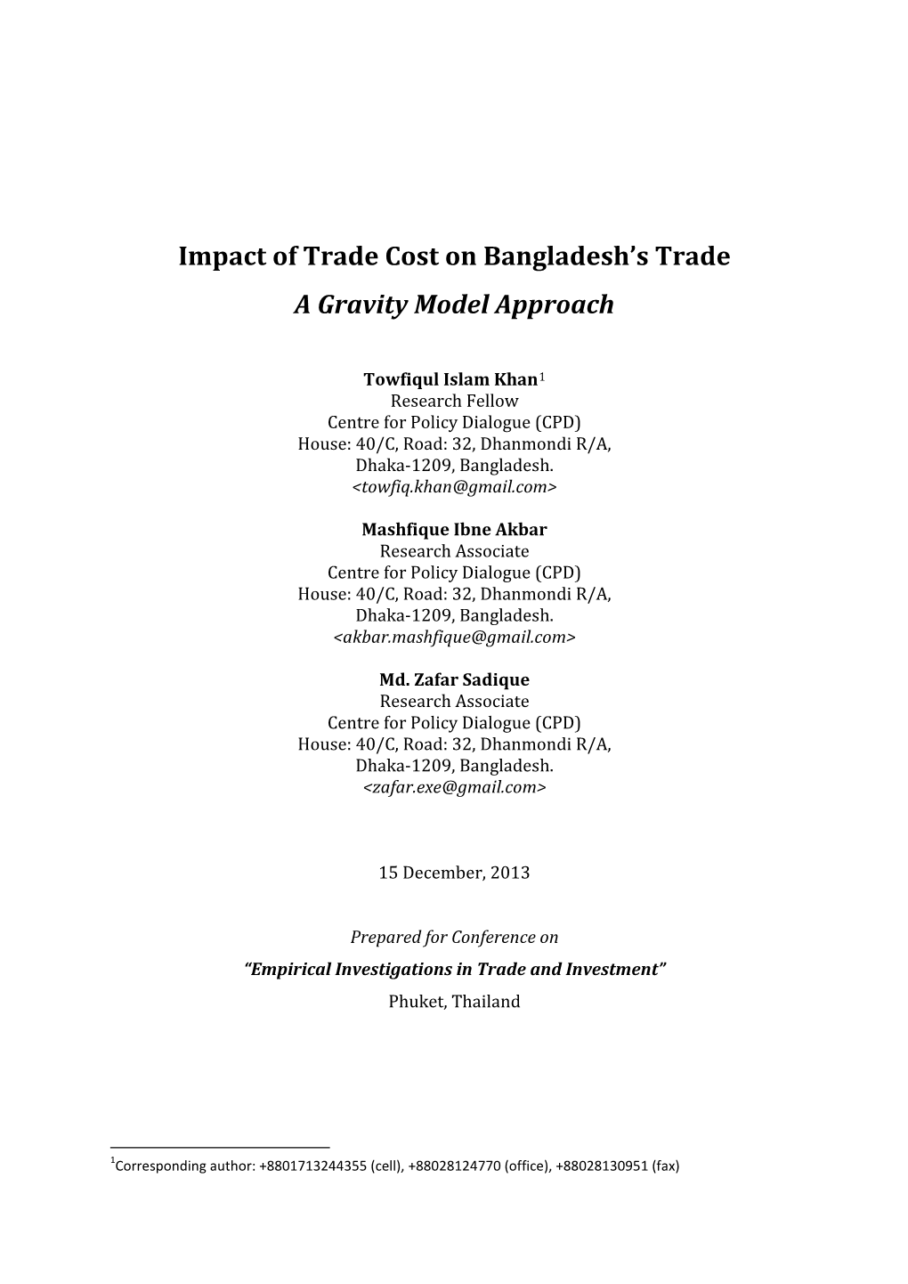 Impact of Trade Cost on Bangladesh's Trade a Gravity Model Approach