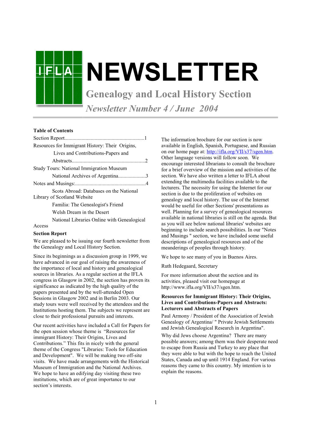 NEWSLETTER Genealogy and Local History Section Newsletter Number 4 / June 2004