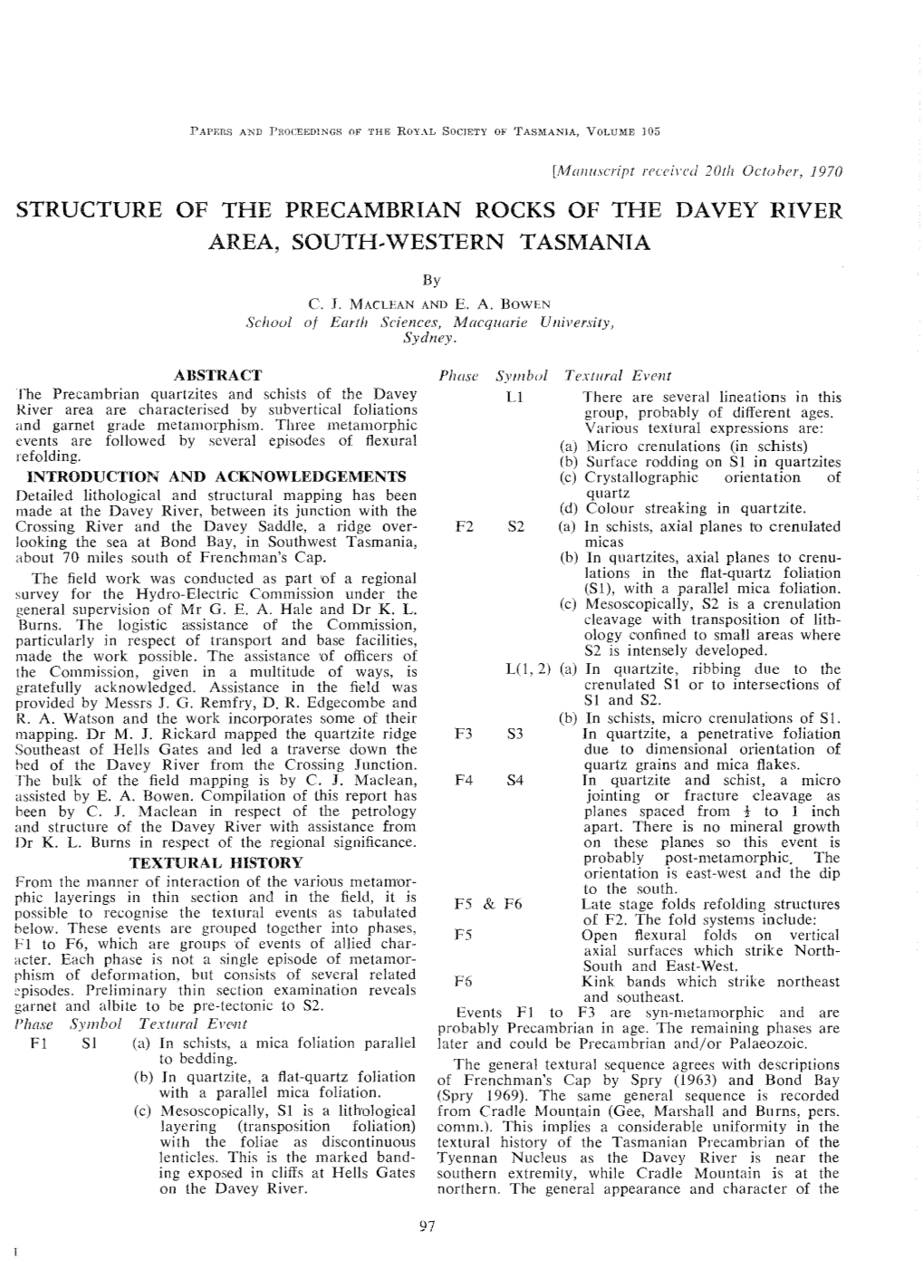 Structure of the Precaivibrian Rocks of the Davey River Area, South#Western Tasmania