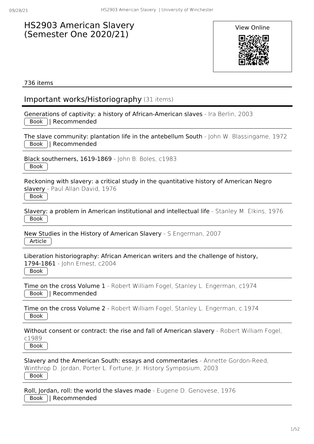 HS2903 American Slavery (Semester One 2020/21)