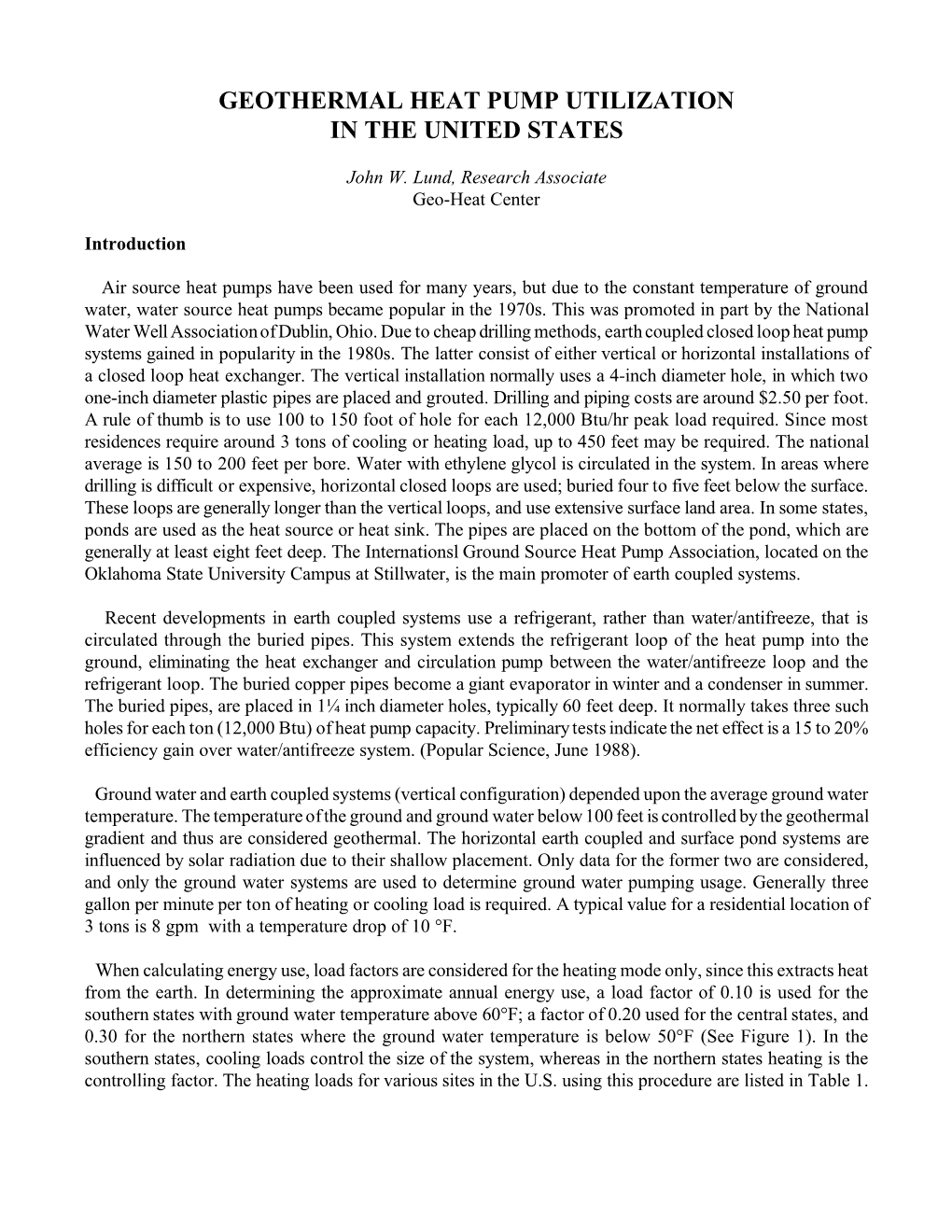 Geothermal Heat Pump Utilization in the United States