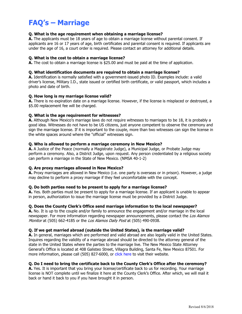 Marriage Licenses FAQ's