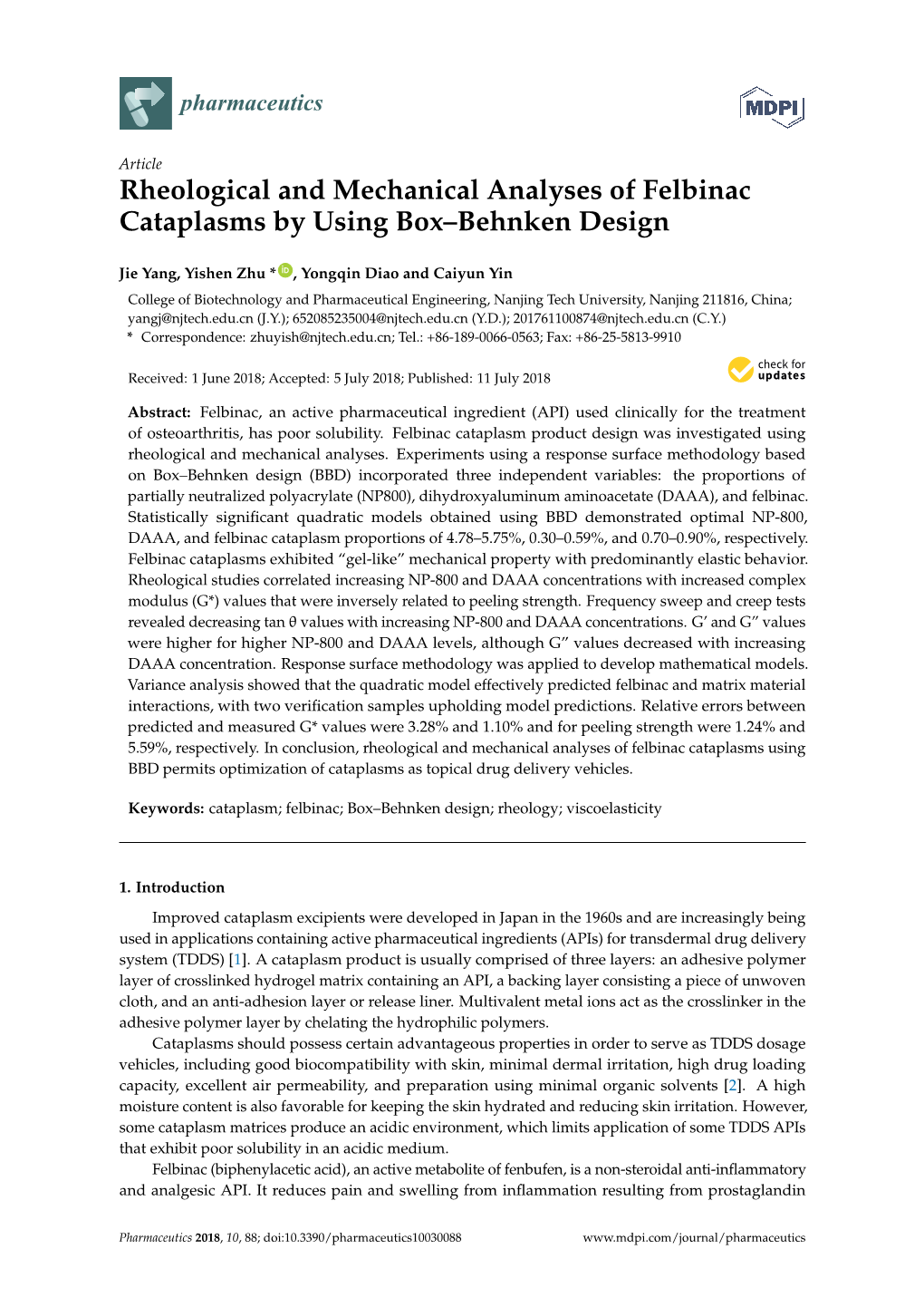 Rheological and Mechanical Analyses of Felbinac Cataplasms by Using Box–Behnken Design