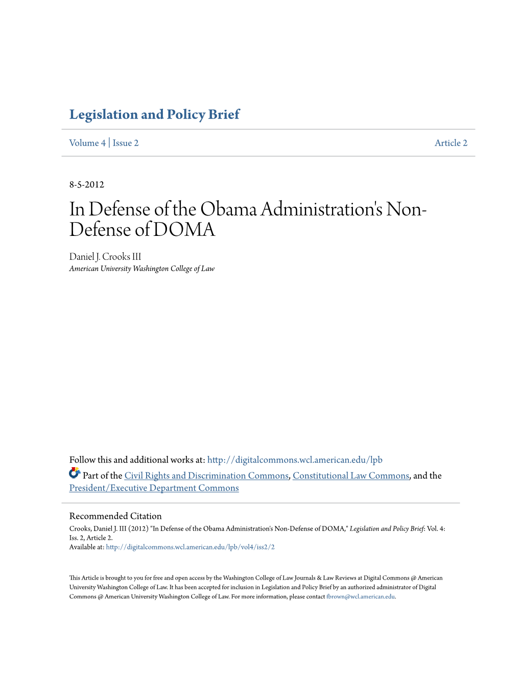 In Defense of the Obama Administration's Non-Defense of DOMA," Legislation and Policy Brief: Vol