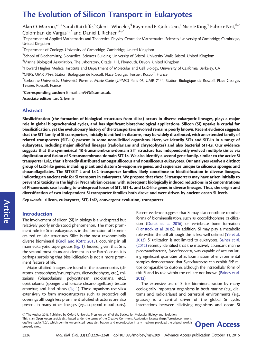 The Evolution of Silicon Transport in Eukaryotes Article Open Access