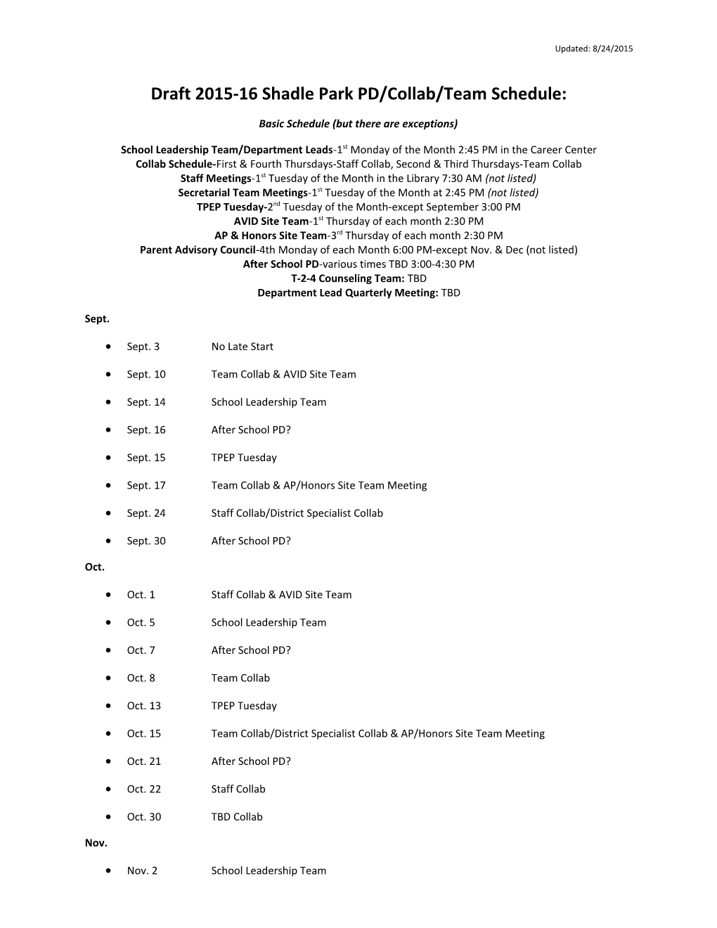 Draft 2015-16 Shadle Park PD/Collab/Team Schedule