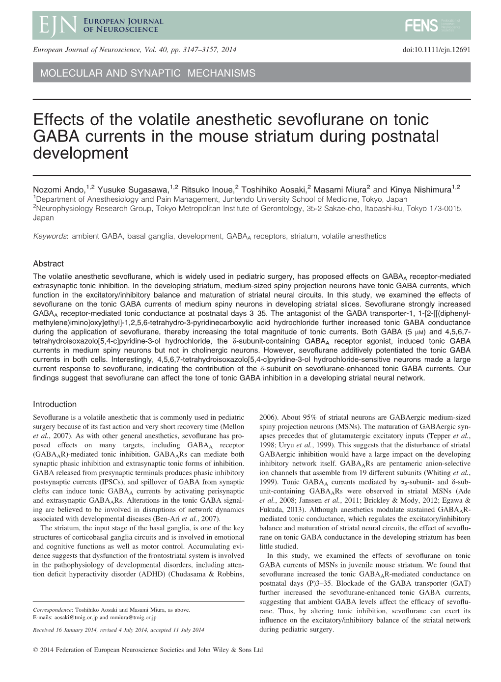 Effects of the Volatile Anesthetic Sevoflurane on Tonic GABA Currents in the Mouse Striatum During Postnatal Development