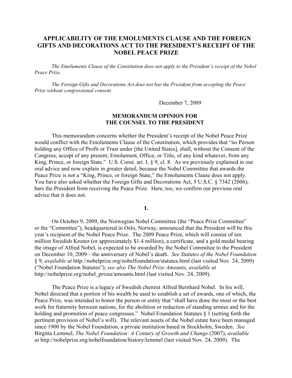 Applicability of the Emoluments Clause and the Foreign Gifts and Decorations Act to the President’S Receipt of the Nobel Peace Prize