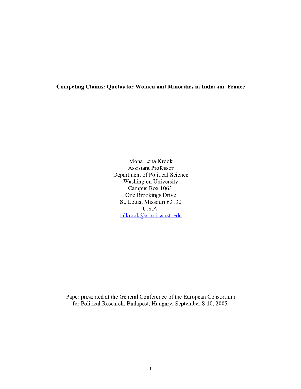 Competing Claims: Quotas for Women and Minorities in France and India