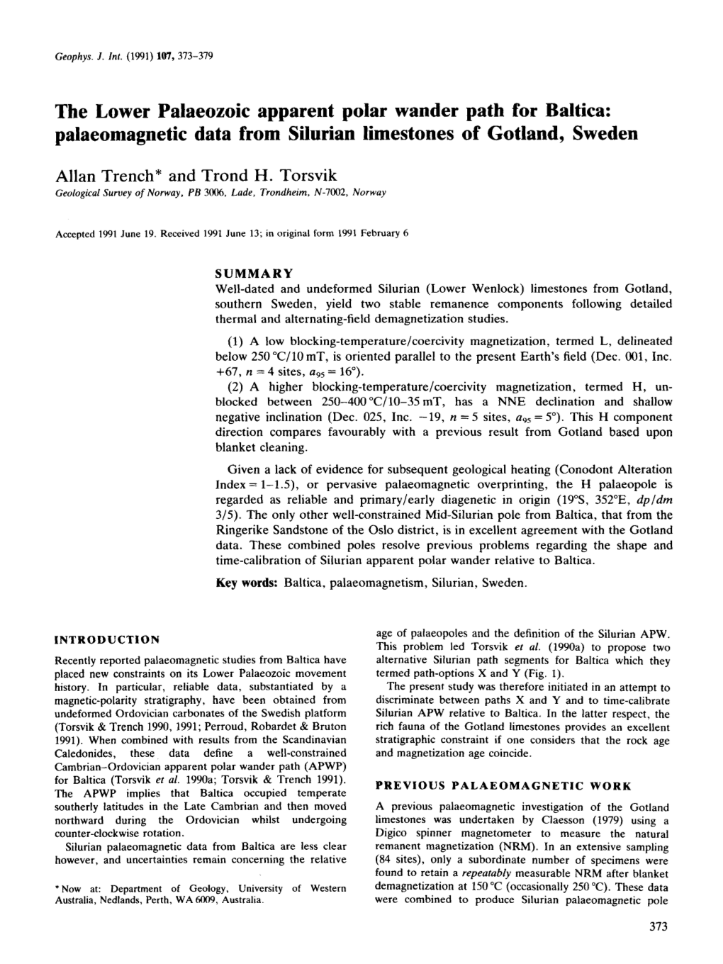 The Lower Palaeozoic Apparent Polar Wander Path for Baltica: Palaeomagnetic Data from Silurian Limestones of Gotland, Sweden