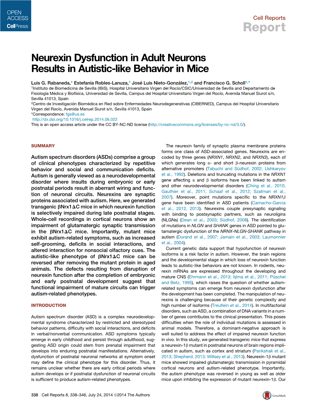 Neurexin Dysfunction in Adult Neurons Results in Autistic-Like Behavior in Mice