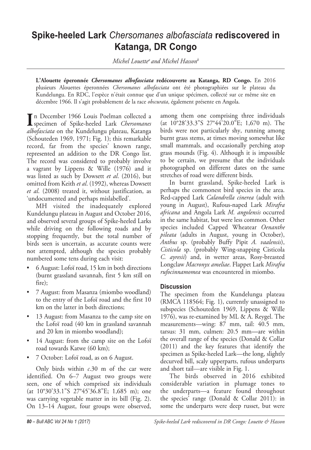 Spike-Heeled Lark Chersomanes Albofasciata Rediscovered in Katanga, DR Congo Michel Louettea and Michel Hassonb