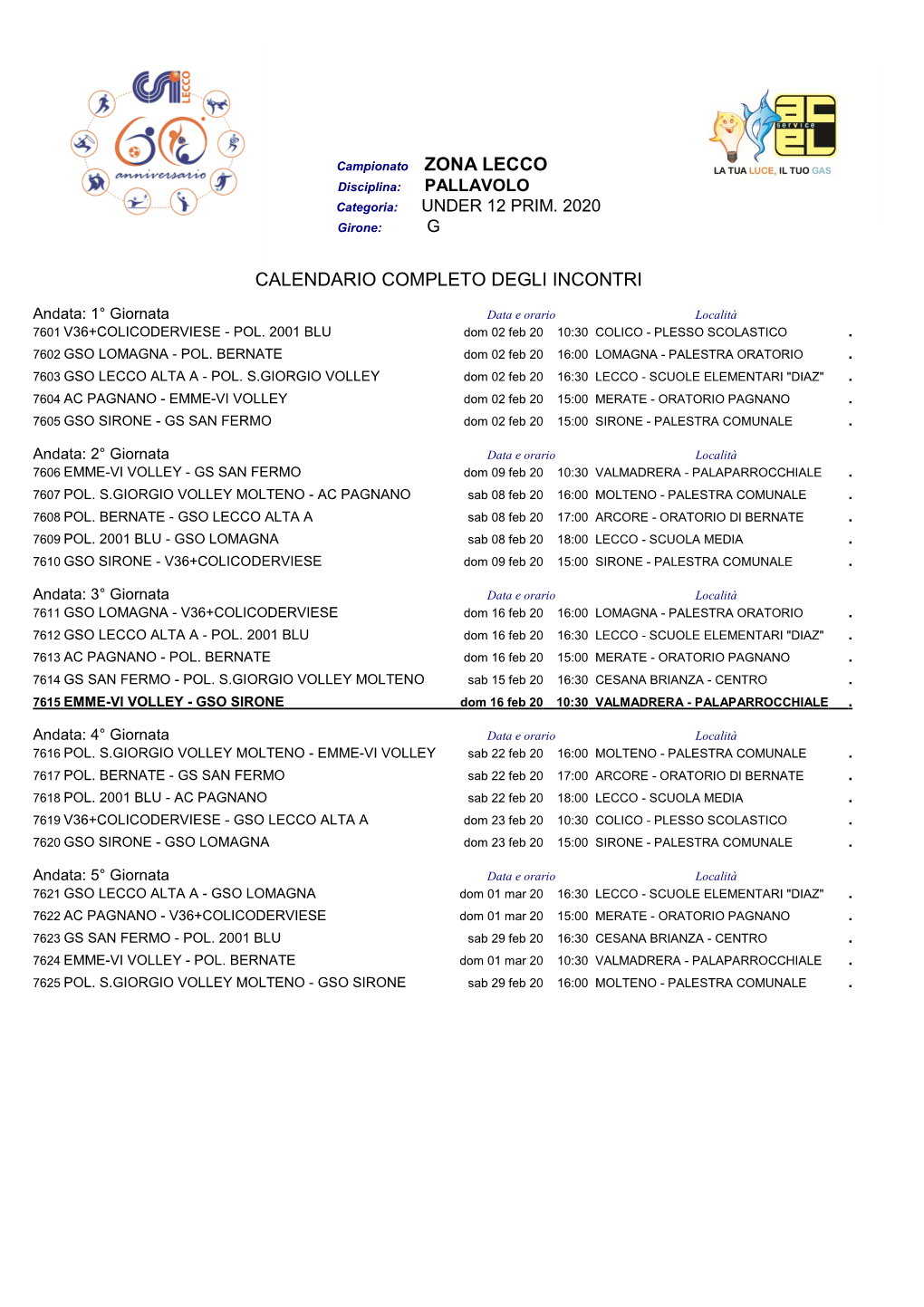 Zona Lecco Calendario Completo Degli Incontri