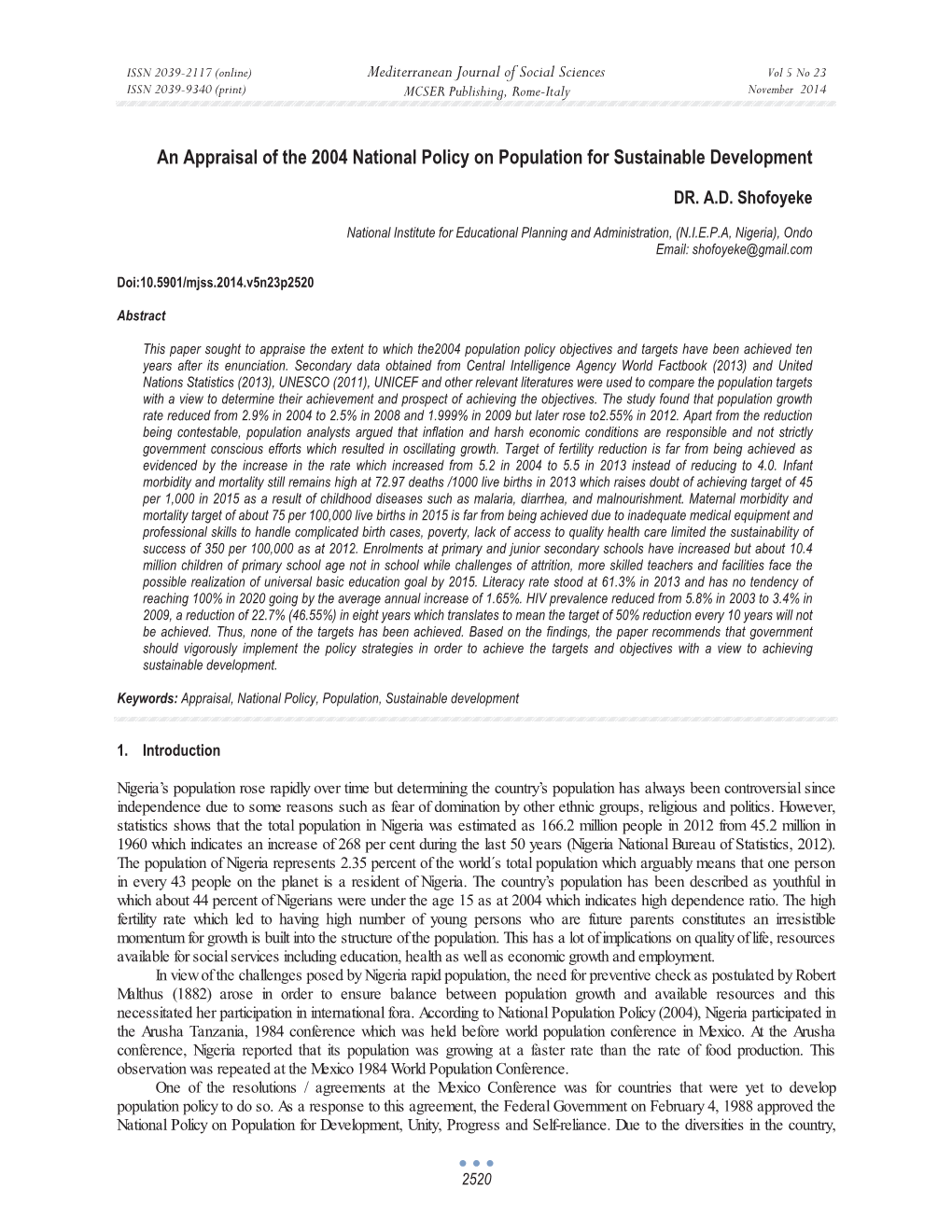 An Appraisal of the 2004 National Policy on Population for Sustainable Development