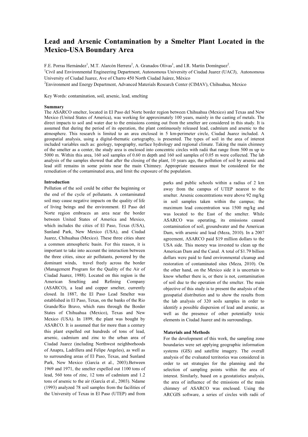 Lead and Arsenic Contamination by a Smelter Plant Located in the Mexico-USA Boundary Area