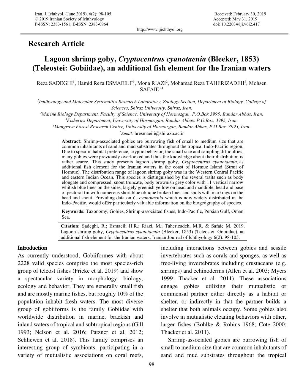 Research Article Lagoon Shrimp Goby, Cryptocentrus Cyanotaenia