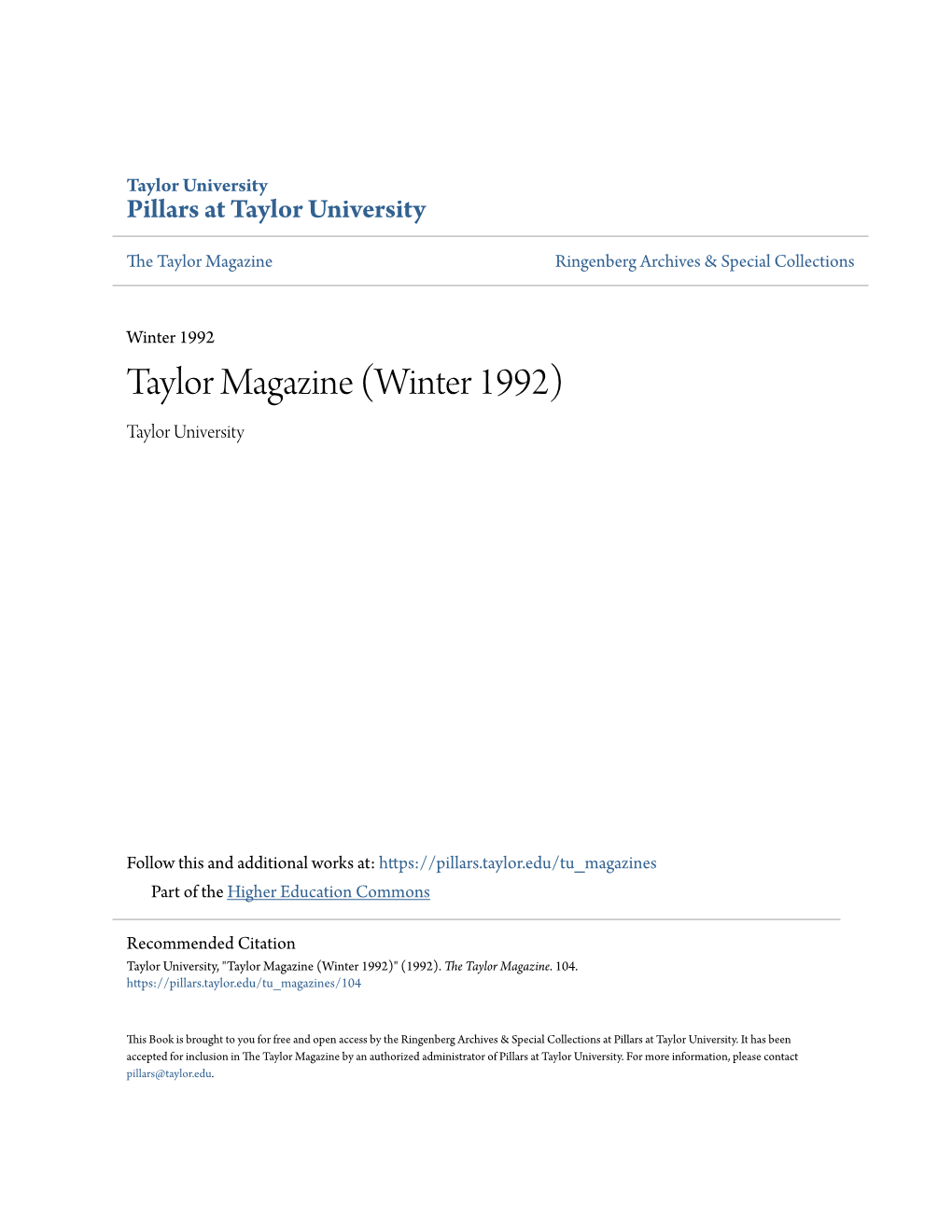 Taylor Magazine (Winter 1992) Taylor University