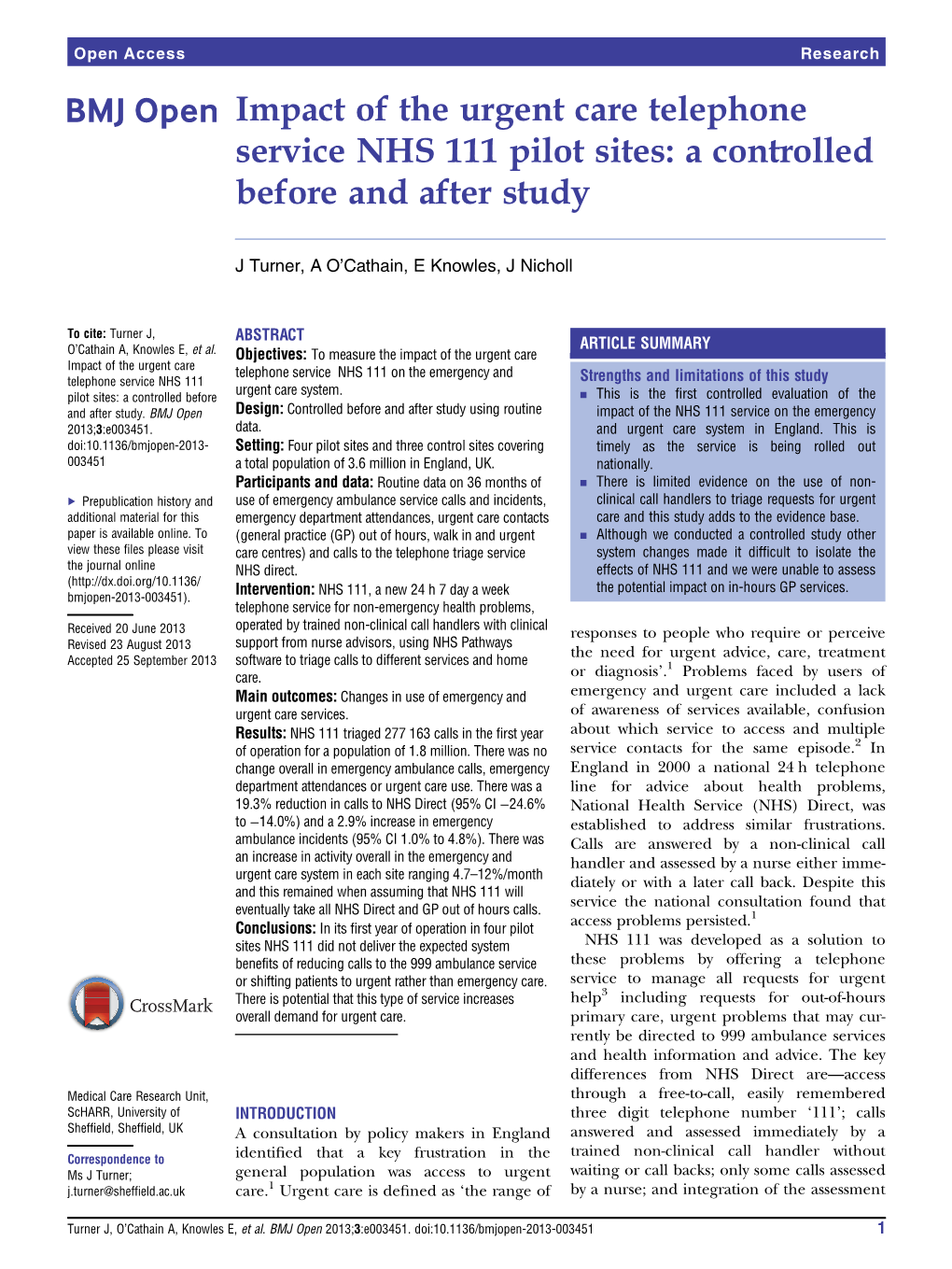 Impact of the Urgent Care Telephone Service NHS 111 Pilot Sites: a Controlled Before and After Study