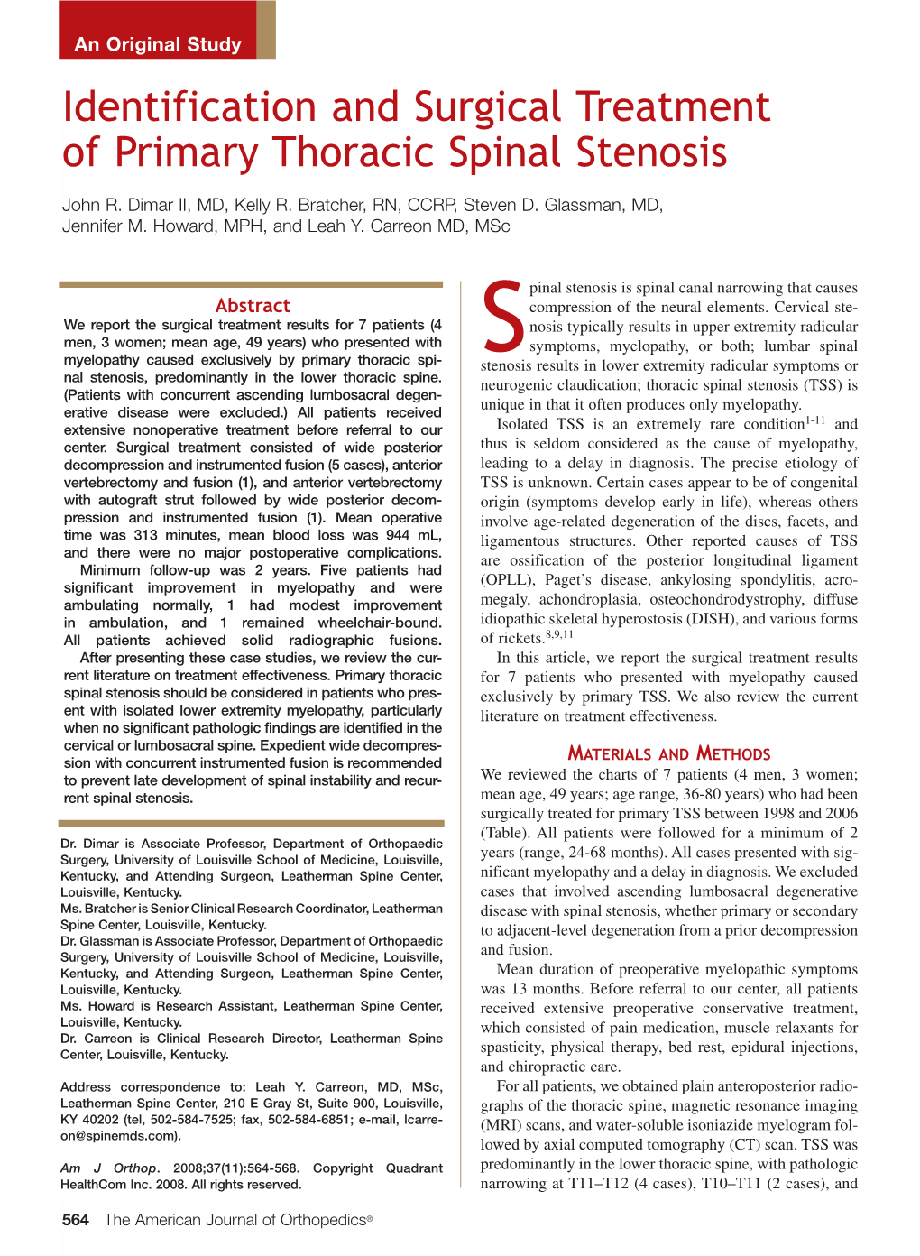 Identification and Surgical Treatment of Primary Thoracic Spinal Stenosis