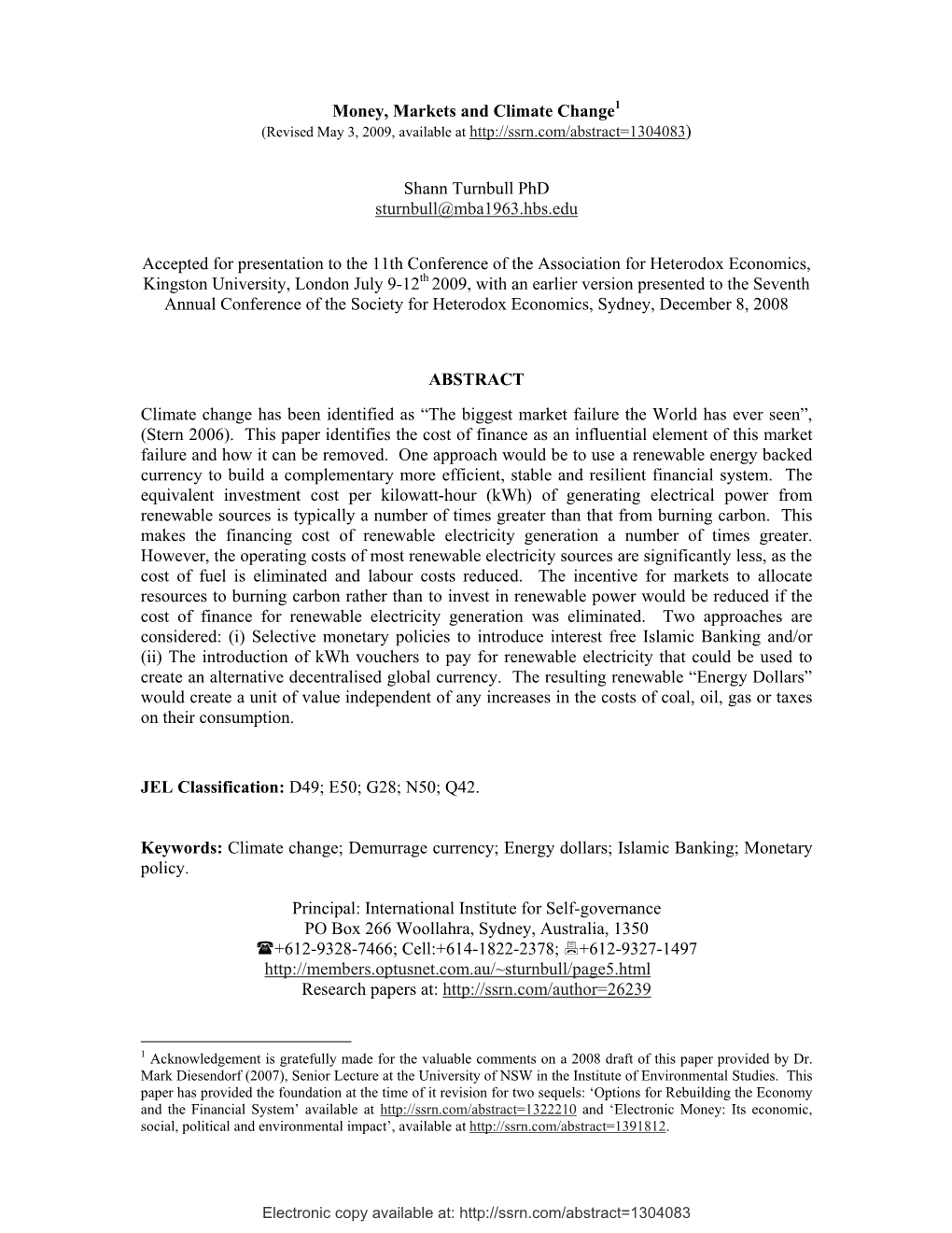 Money, Markets and Climate Change1 Shann Turnbull Phd Sturnbull