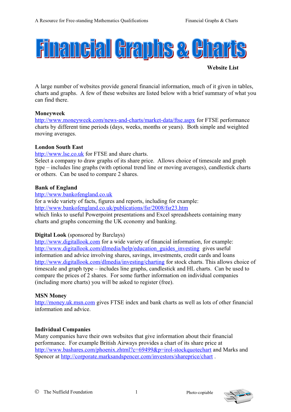 A Resource for Free-Standing Mathematics Qualifications Financial Graphs & Charts