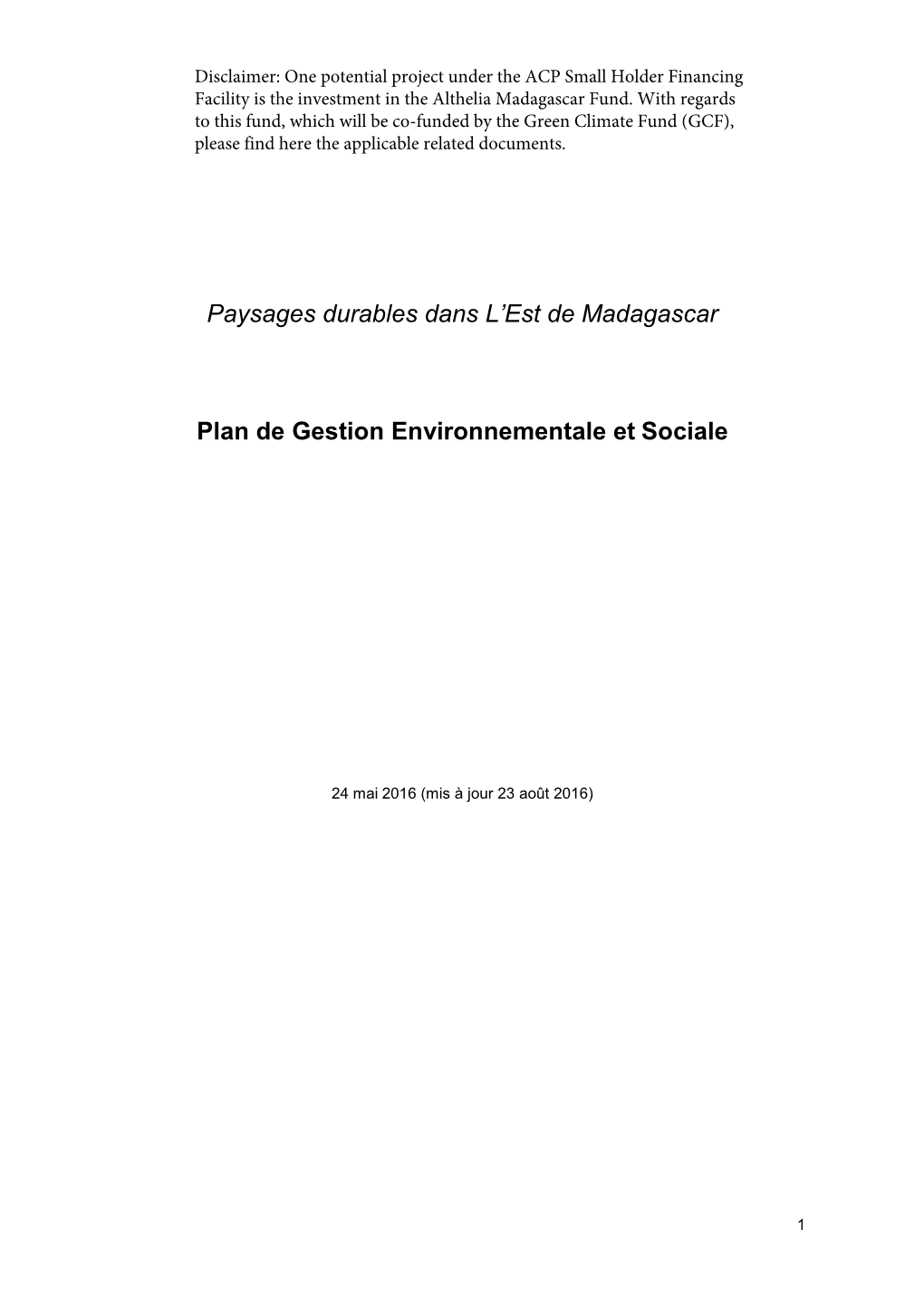 Paysages Durables Dans L'est De Madagascar Plan De Gestion Environnementale Et Sociale