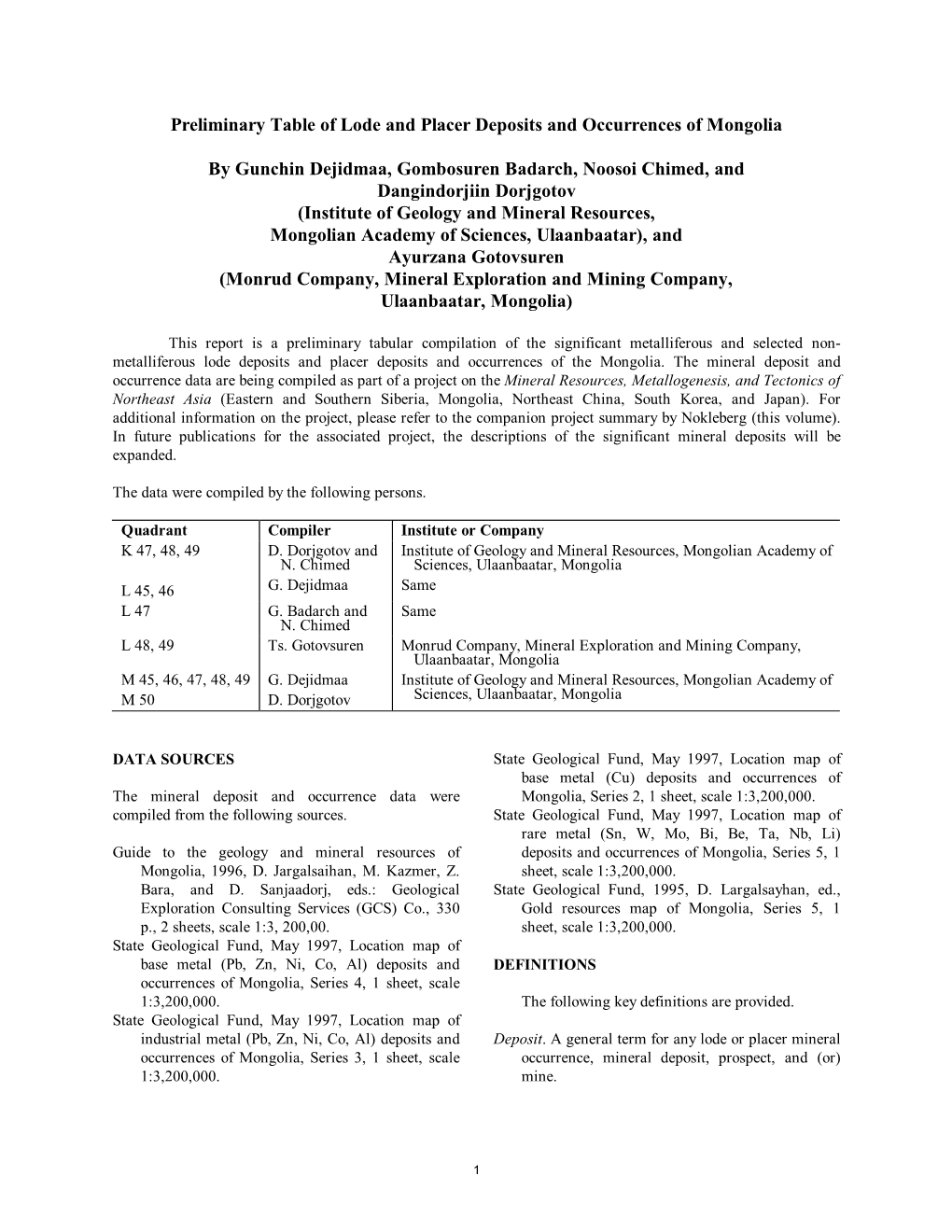 Preliminary Table of Lode and Placer Deposits and Occurrences of Mongolia