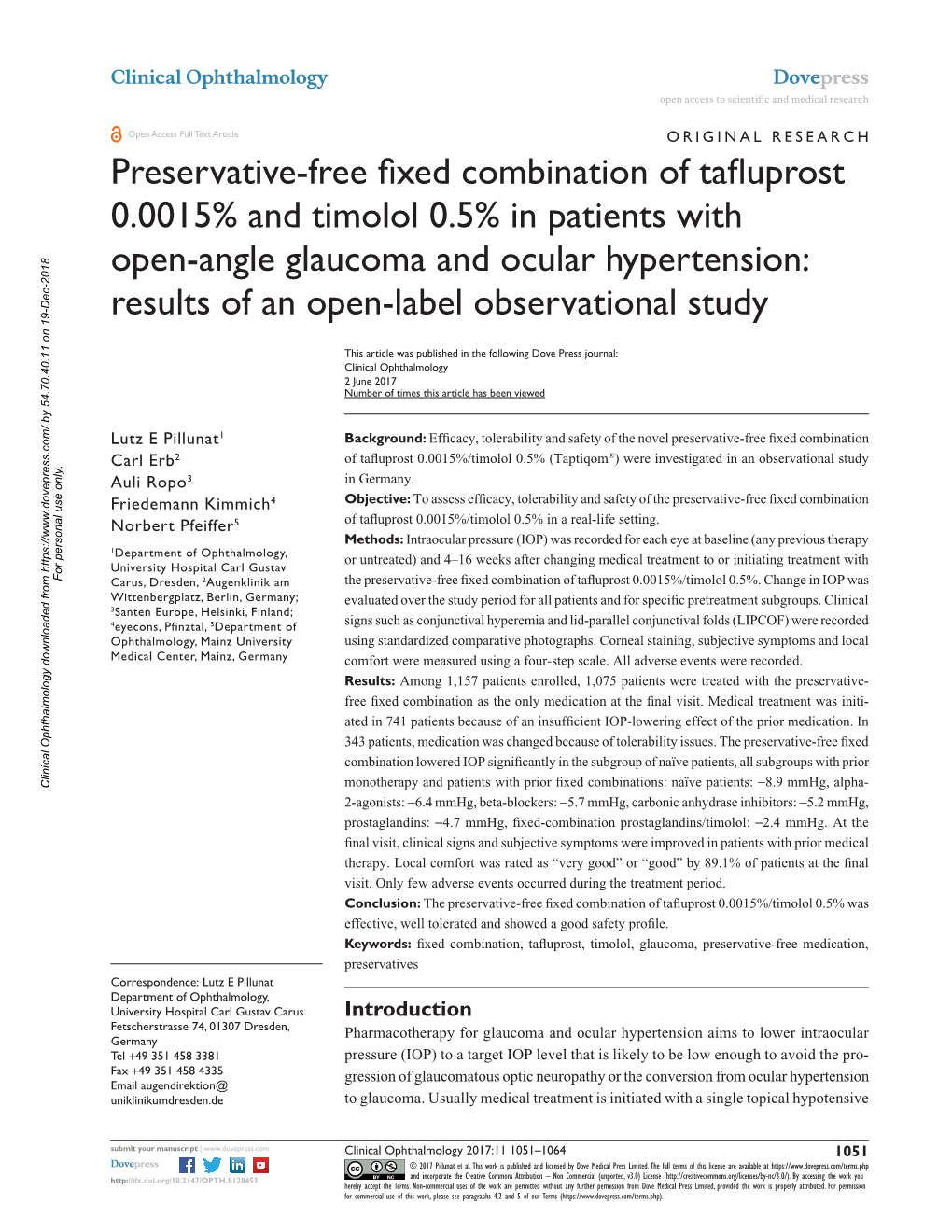 Preservative-Free Fixed Combination of Tafluprost 0.0015% and Timolol 0.5