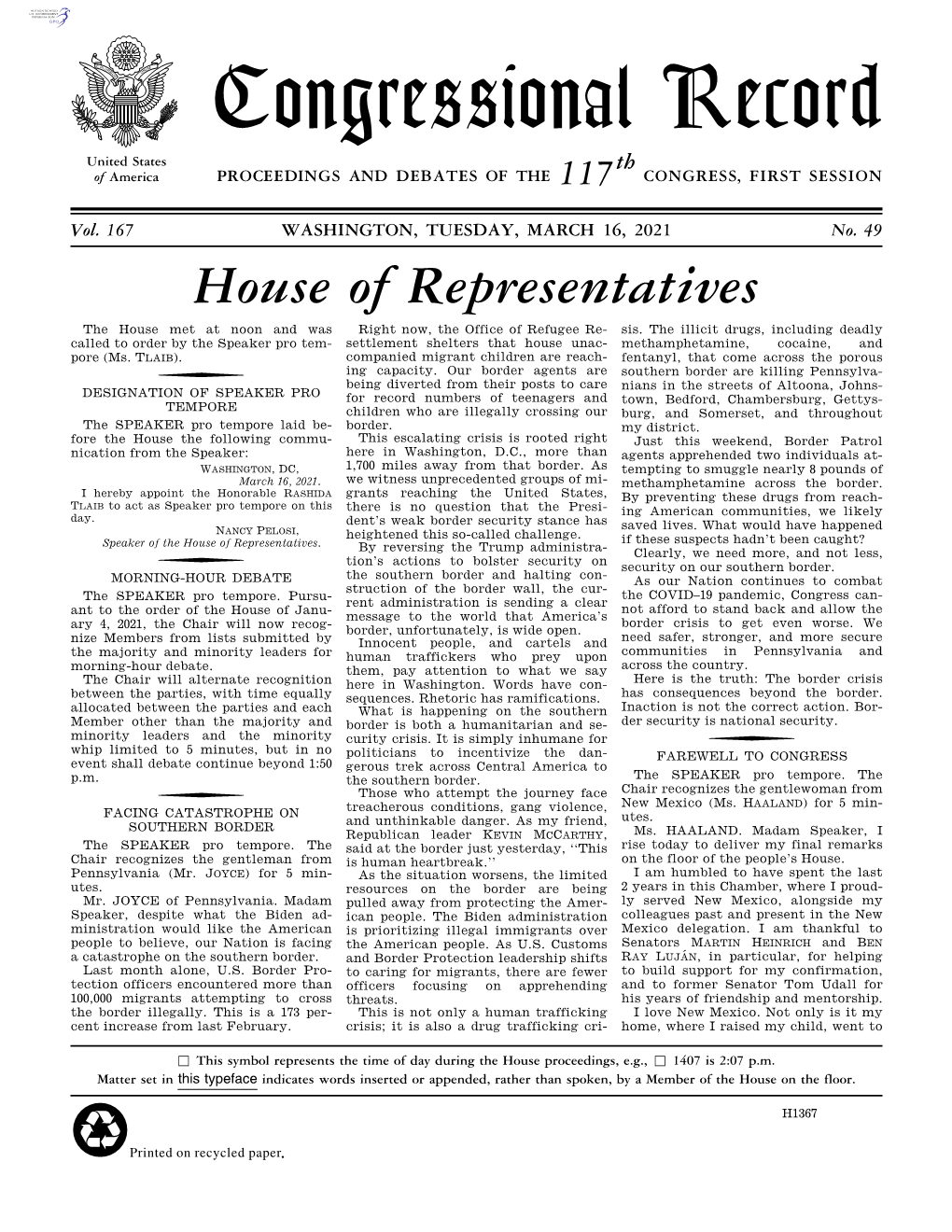 Congressional Record United States Th of America PROCEEDINGS and DEBATES of the 117 CONGRESS, FIRST SESSION