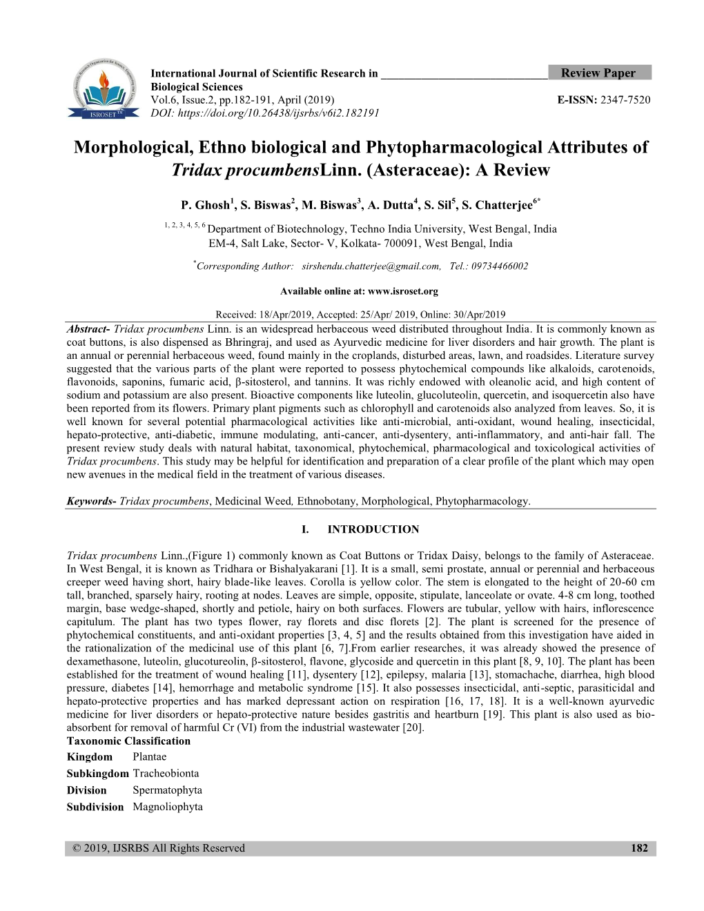 Morphological, Ethno Biological and Phytopharmacological Attributes of Tridax Procumbenslinn. (Asteraceae): a Review