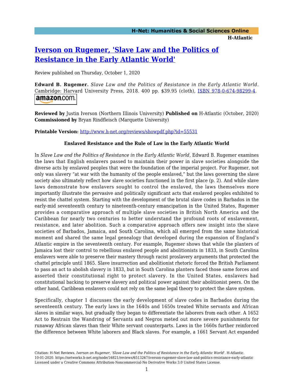 Iverson on Rugemer, 'Slave Law and the Politics of Resistance in the Early Atlantic World'