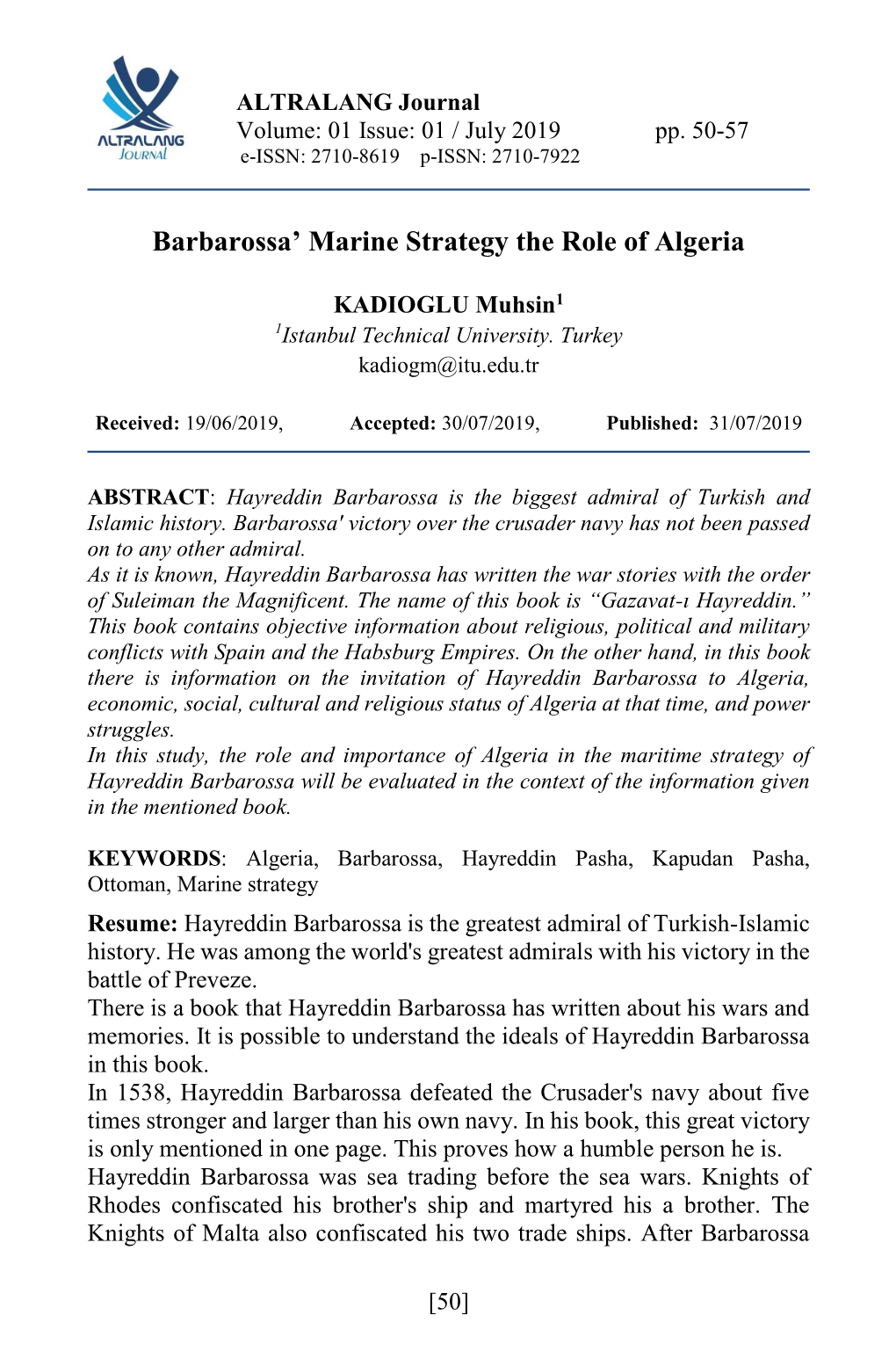 Barbarossa' Marine Strategy the Role of Algeria