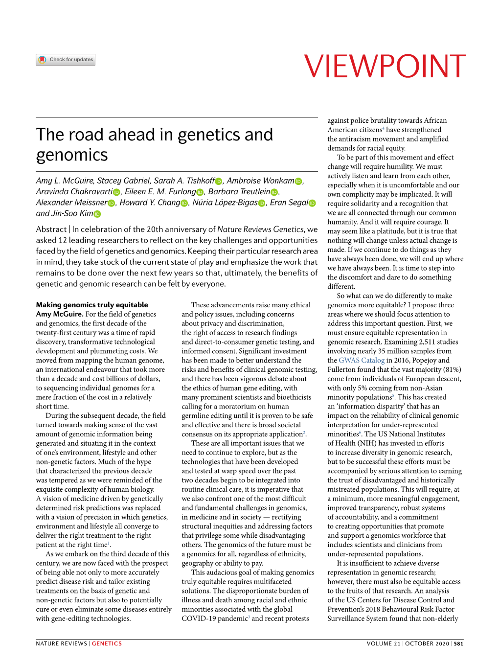 The Road Ahead in Genetics and Genomics