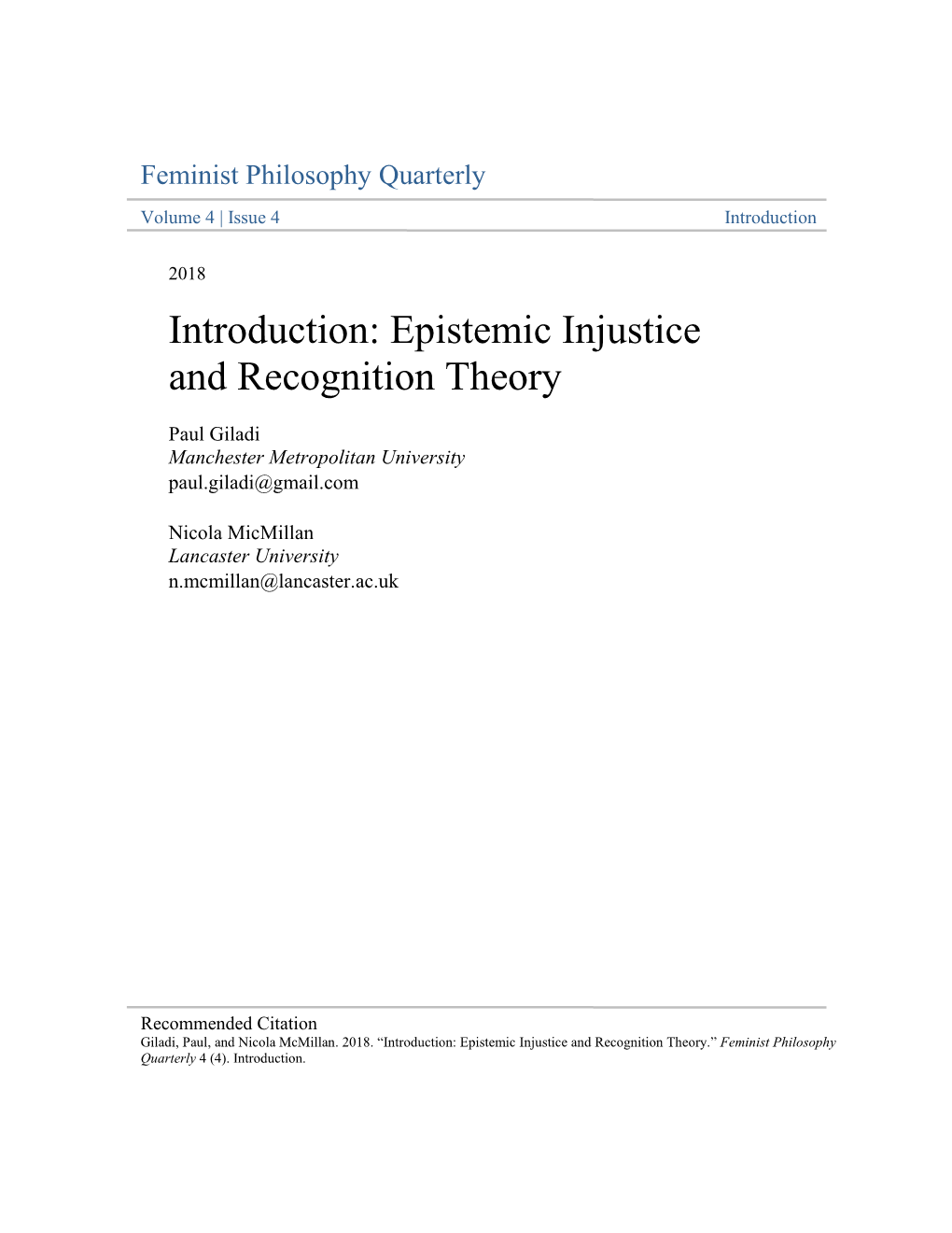 Introduction: Epistemic Injustice and Recognition Theory