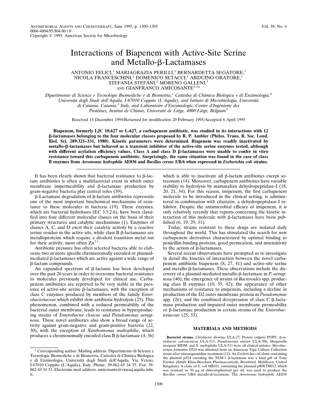 Interactions of Biapenem with Active-Site Serine and Metallo